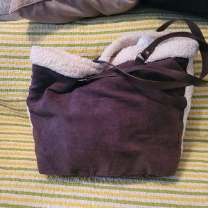 CUTE BROWN CANNON TOTE W/ SHERPA INTERIOR- 13 X 14 X 7